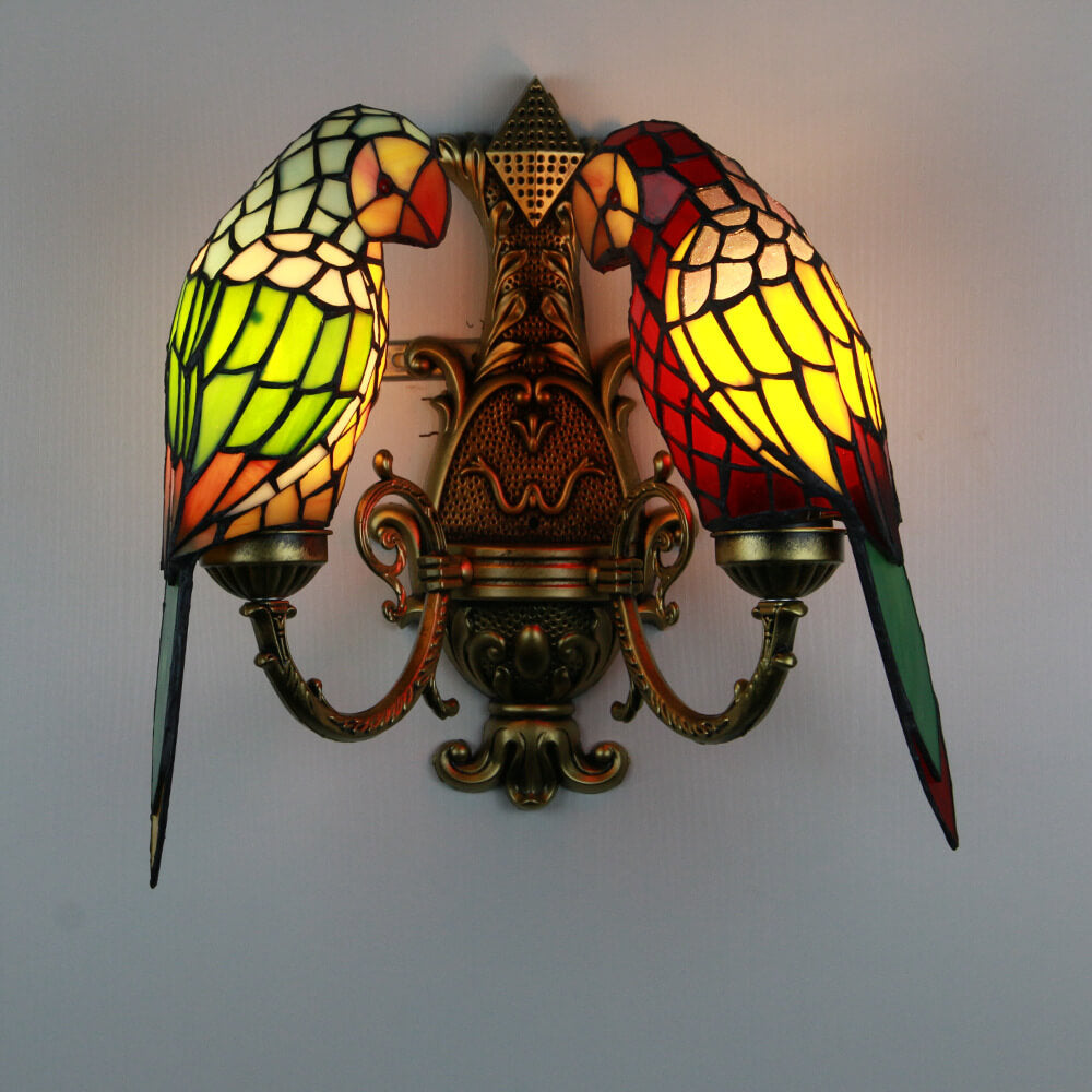 Tiffany Parrot Stained Glass 2-Light Wall Sconce Lamp