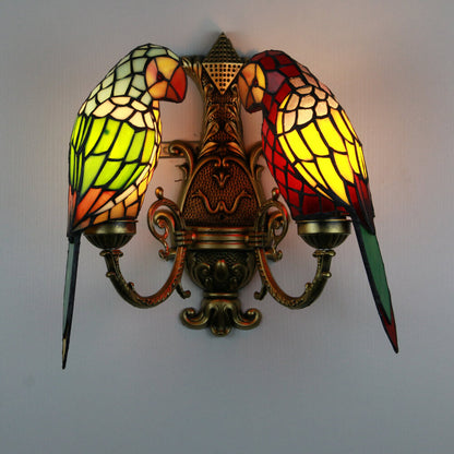 Tiffany Parrot Stained Glass 2-Light Wall Sconce Lamp