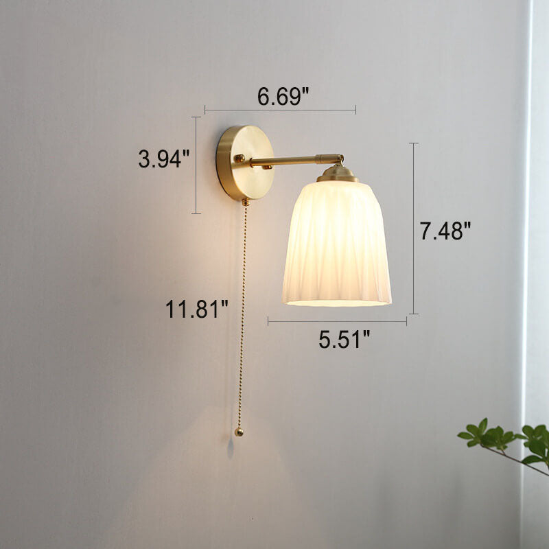 Nordic Striped Milk Glass Brass Pull Cord Wall Sconce