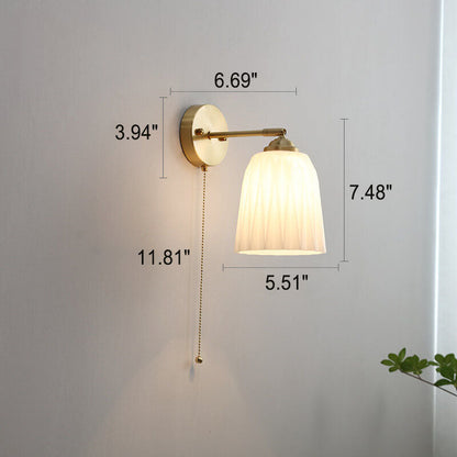 Nordic Striped Milk Glass Brass Pull Cord Wall Sconce
