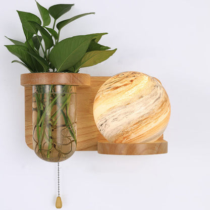 Minimalist Oak Glass Planet 1-Light Wall Sconce Lamp