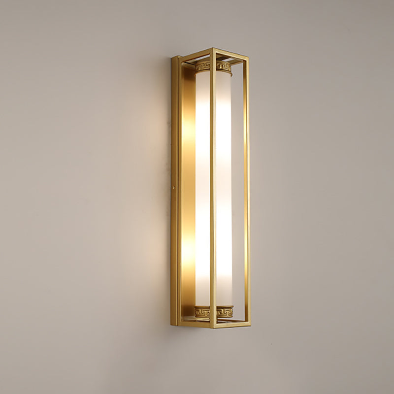 Chinese Glass Rectangular Cylinder 2-Light Wall Sconce Lamp