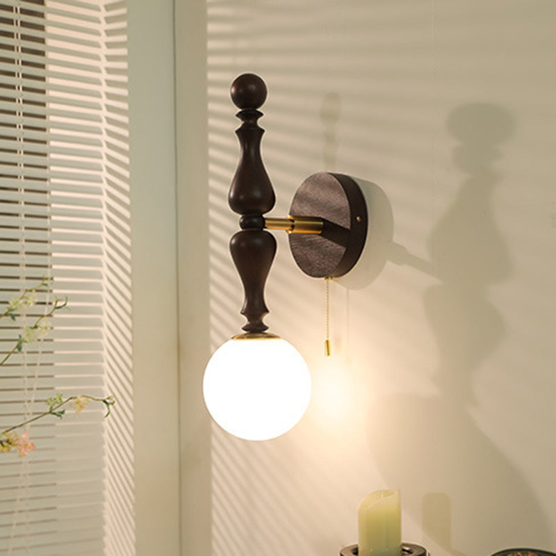 Retro Wood Aluminum Glass Ball 1-Light Wall Sconce Lamp