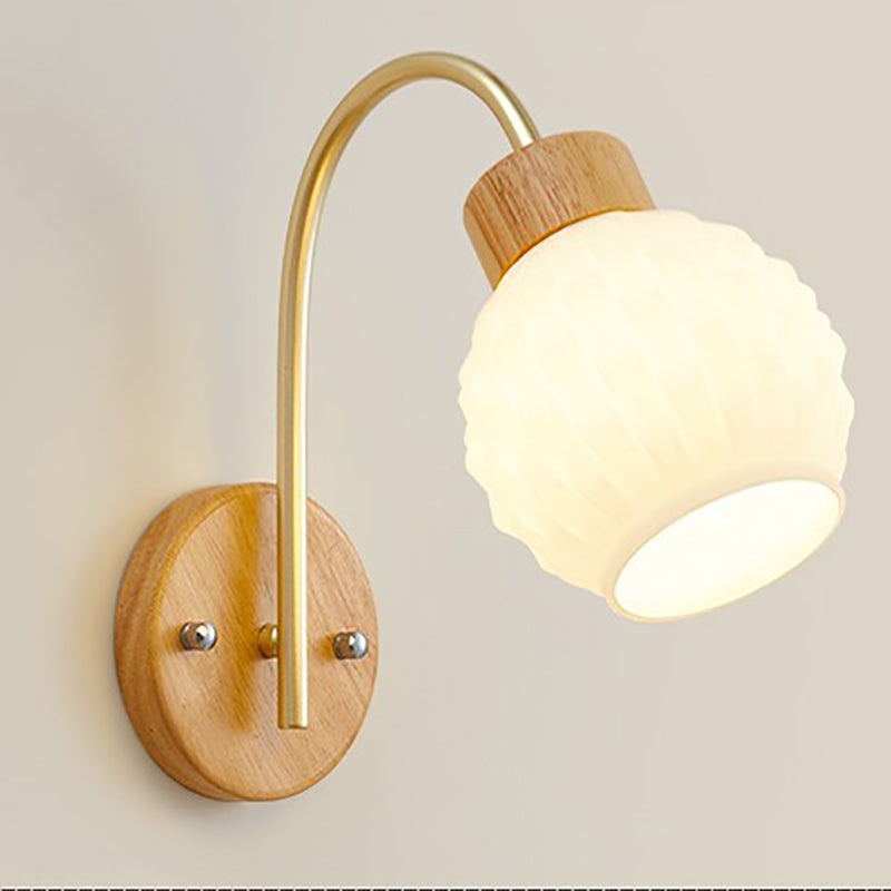 Bell Pleated Glass Shade Wood 1-Light Wall Sconce Lamp