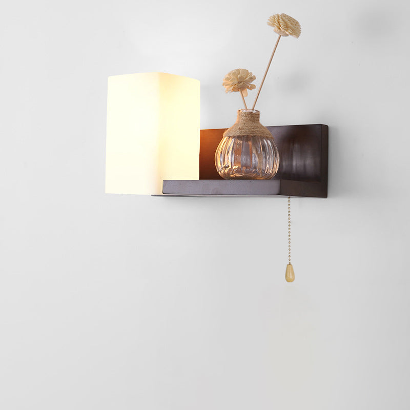 Rectangular Shelf Wood Glass 1-Light Wall Sconce Lamp