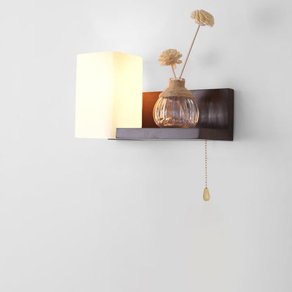 Rectangular Shelf Wood Glass 1-Light Wall Sconce Lamp