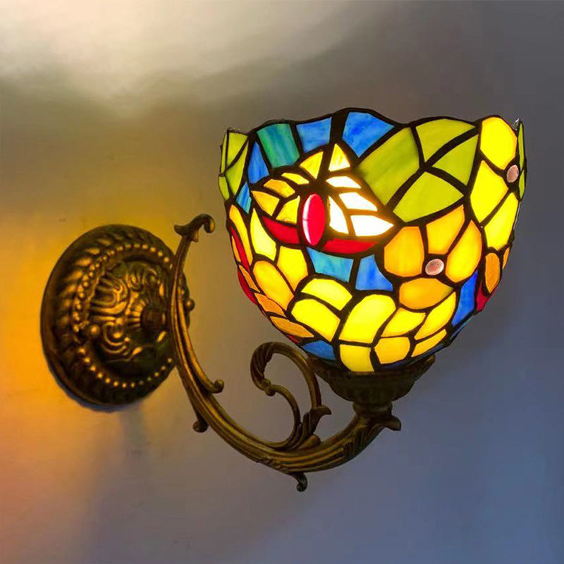 Tiffany Flower Iron Stained Glass 1-Light Wall Sconce Lamp