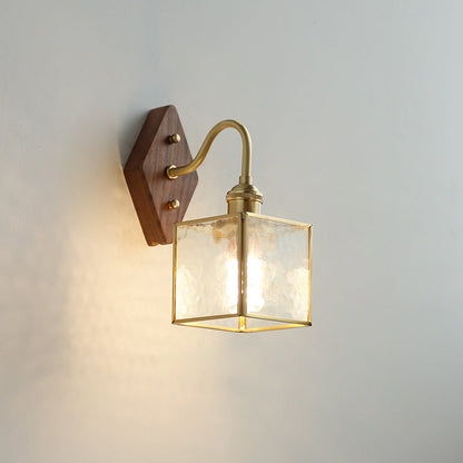 Square Copper Glass Wood 1-Light Wall Sconce Lamp