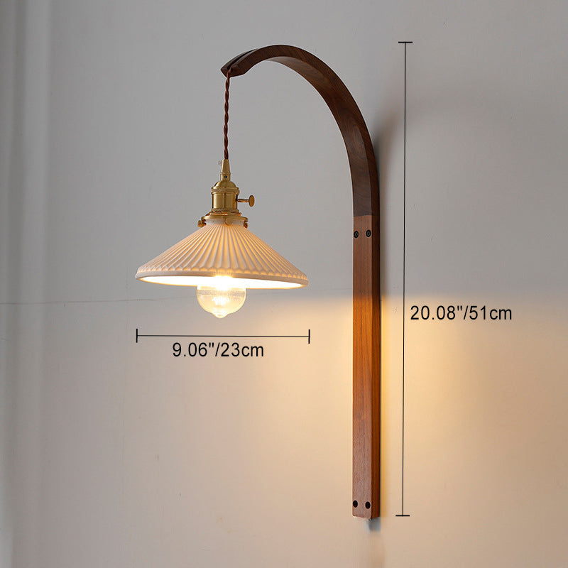 Japanese Shade Wood Curved Pole 1-Light Wall Sconce Lamp