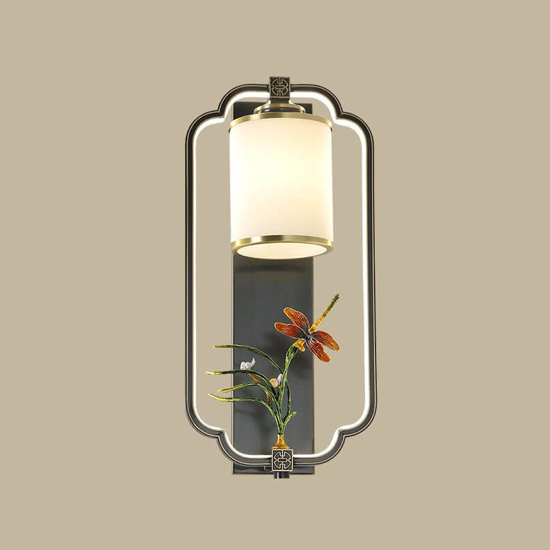 Chinese Jade Copper Square Oval 1- Light Wall Sconce Lamp