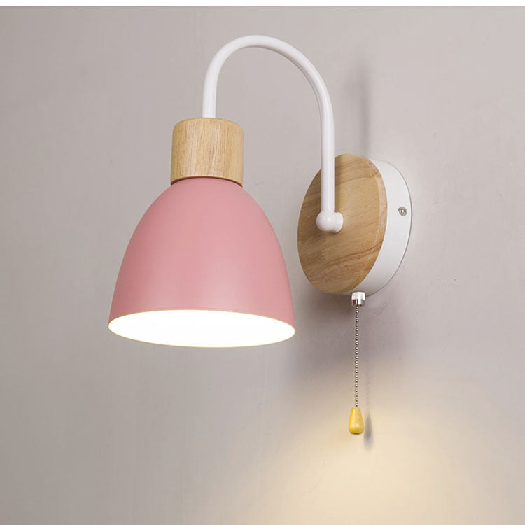 Macaron Pole Round Cup Iron Wood 1-Light Wall Sconce Lamp