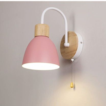 Macaron Pole Round Cup Iron Wood 1-Light Wall Sconce Lamp