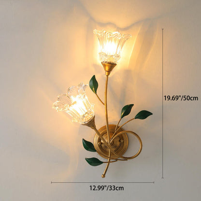 Iron Crystal Glass Flower Leave 2-Light Wall Sconce Lamp
