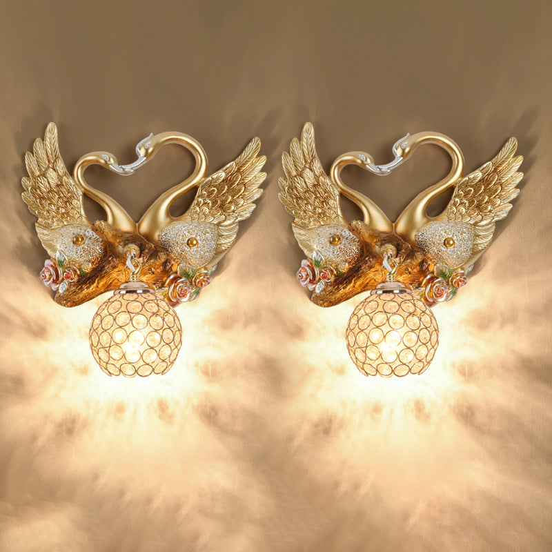 Deco Iron Crystal Couple Swan Ball 1-Light Wall Sconce Lamp