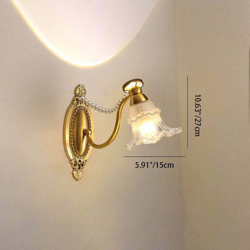 French Floral Brass Glass 1-Light Wall Sconce Lamp