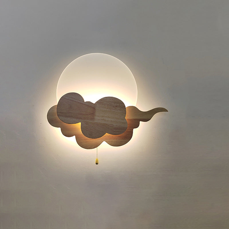 Chinese Round Cloudy Wood Acrylic LED Wall Sconce Lamp