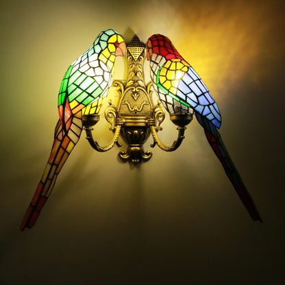 Tiffany Parrot Stained Glass 2-Light Wall Sconce Lamp