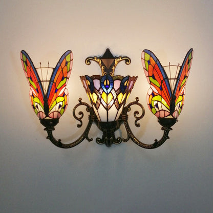 Tiffany Butterfly Alloy Iron Glass 3-Light Wall Sconce Lamp