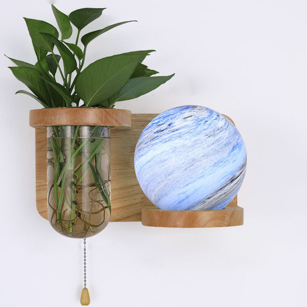 Minimalist Oak Glass Planet 1-Light Wall Sconce Lamp