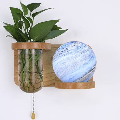 Minimalist Oak Glass Planet 1-Light Wall Sconce Lamp