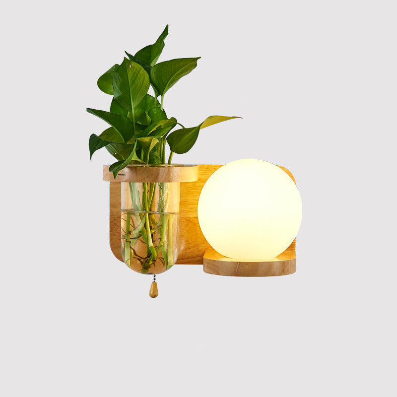 Rectangular Orb Glass Wood 1-Light Wall Sconce Lamp