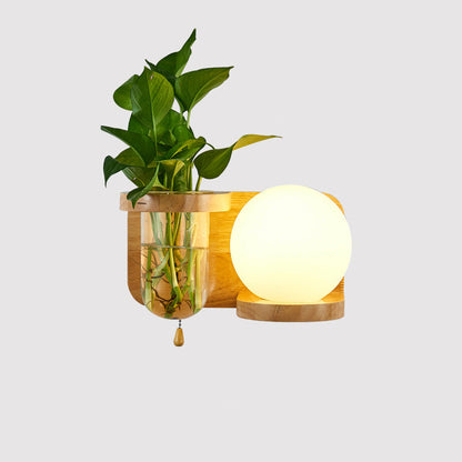 Rectangular Orb Glass Wood 1-Light Wall Sconce Lamp