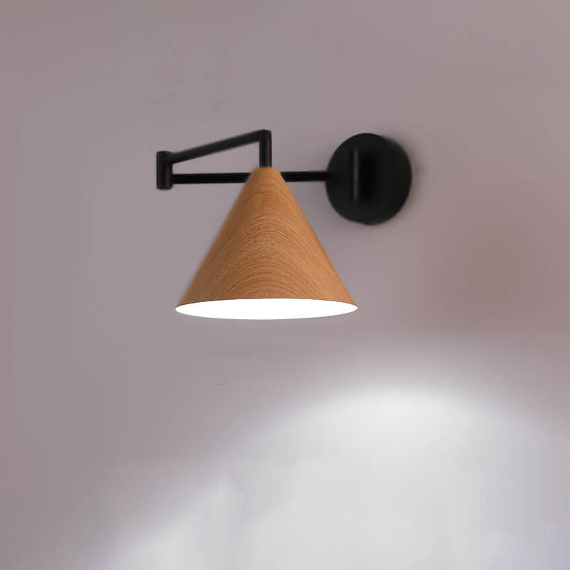 Nordic Minimalist Cone Swing Arm Wood Grain Wall Sconce