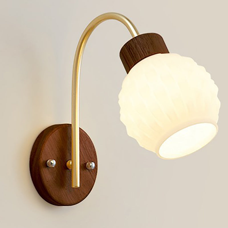 Bell Pleated Glass Shade Wood 1-Light Wall Sconce Lamp