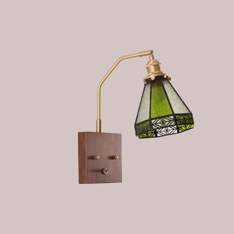Square Cone All Copper Wood Glass 1-Light Wall Sconce Lamp