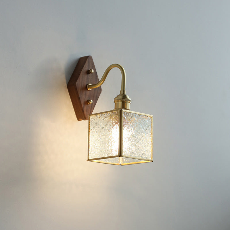 Square Copper Glass Wood 1-Light Wall Sconce Lamp