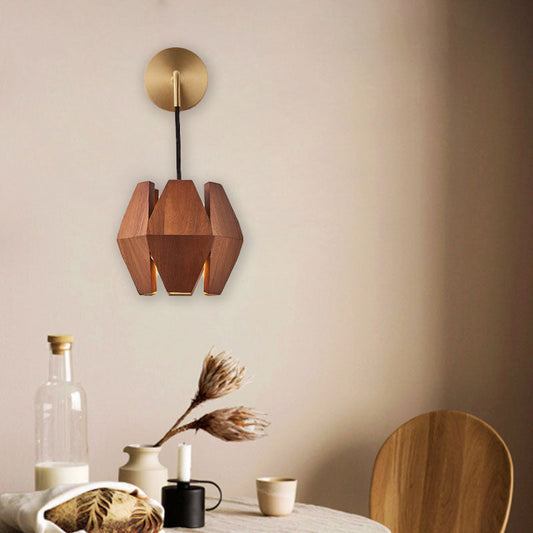 Japanese Round Hardware Wood 1-Light Wall Sconce Lamp