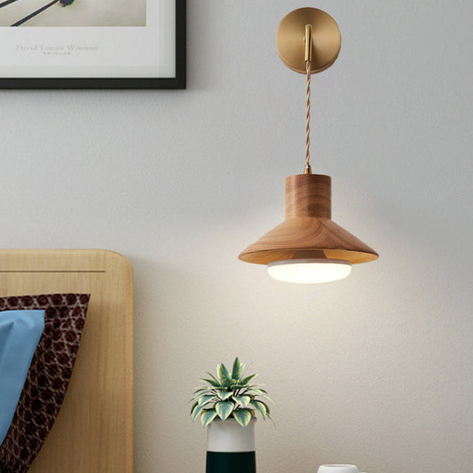 Japanese Round Wood Copper Glass 1-Light Wall Sconce Lamp