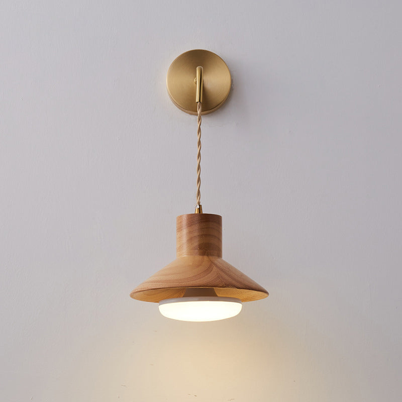 Japanese Round Wood Copper Glass 1-Light Wall Sconce Lamp