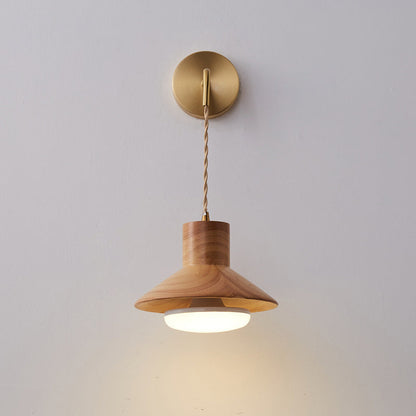 Japanese Round Wood Copper Glass 1-Light Wall Sconce Lamp