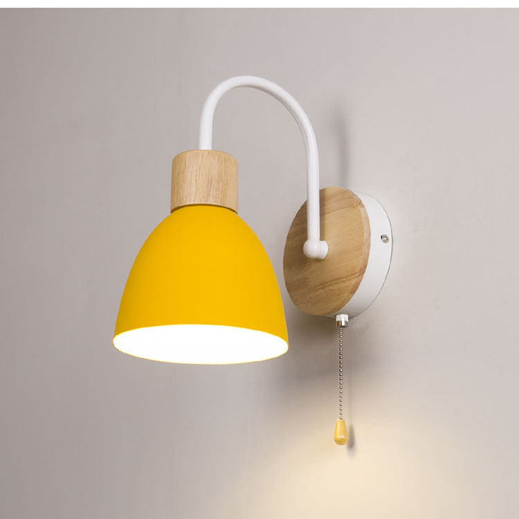 Macaron Pole Round Cup Iron Wood 1-Light Wall Sconce Lamp