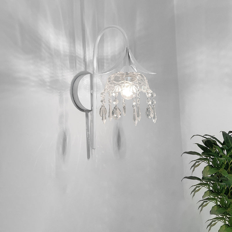 Iron Flower Glass Shade Crystal 1-Light Wall Sconce Lamp