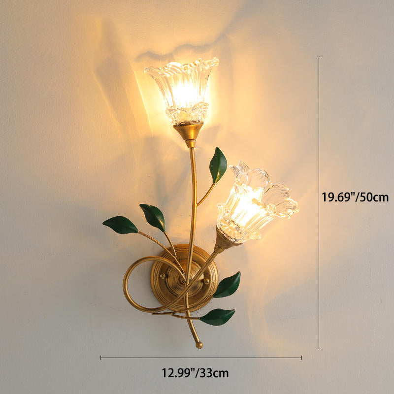 Iron Crystal Glass Flower Leave 2-Light Wall Sconce Lamp