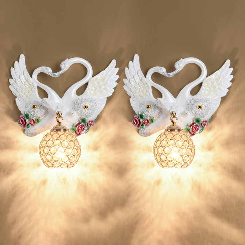 Deco Iron Crystal Couple Swan Ball 1-Light Wall Sconce Lamp