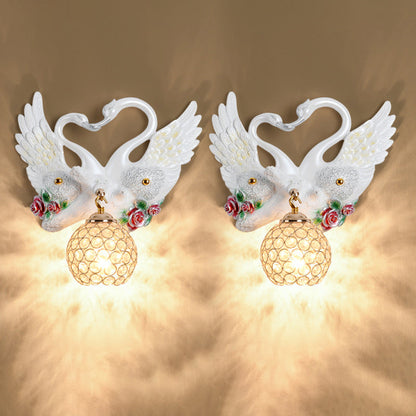 Deco Iron Crystal Couple Swan Ball 1-Light Wall Sconce Lamp