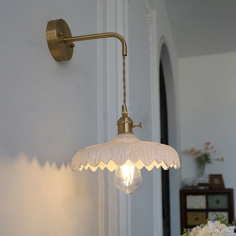 Art Deco Iron Flower Glass Shade 1-Light Wall Sconce Lamp