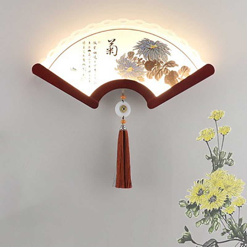 Chinese Elements Shade Wooden Edge LED Wall Sconce Lamp