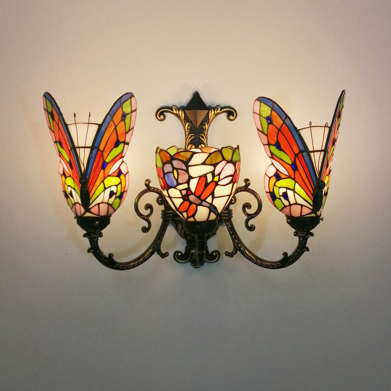 Tiffany Butterfly Alloy Iron Glass 3-Light Wall Sconce Lamp