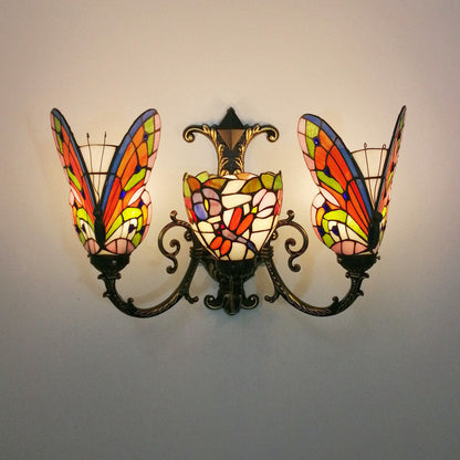 Tiffany Butterfly Alloy Iron Glass 3-Light Wall Sconce Lamp