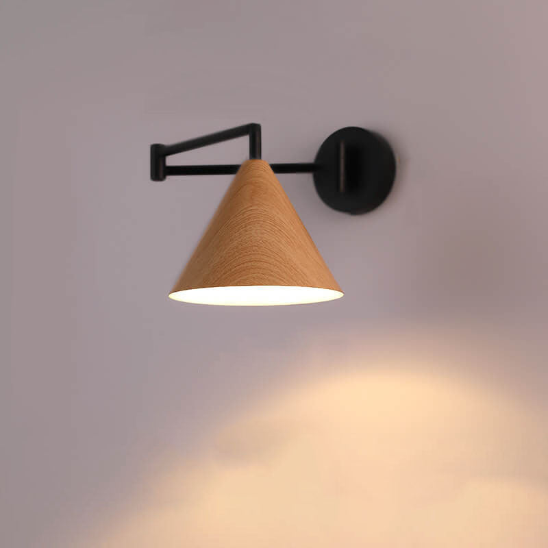 Nordic Minimalist Cone Swing Arm Wood Grain Wall Sconce