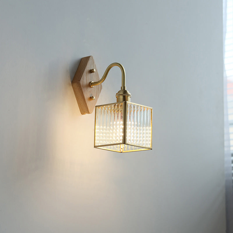 Square Copper Glass Wood 1-Light Wall Sconce Lamp