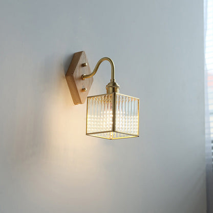 Square Copper Glass Wood 1-Light Wall Sconce Lamp