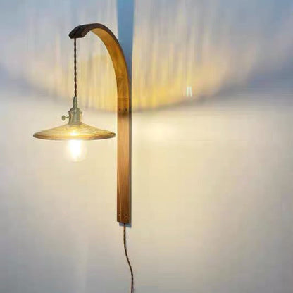 Japanese Shade Wood Curved Pole 1-Light Wall Sconce Lamp