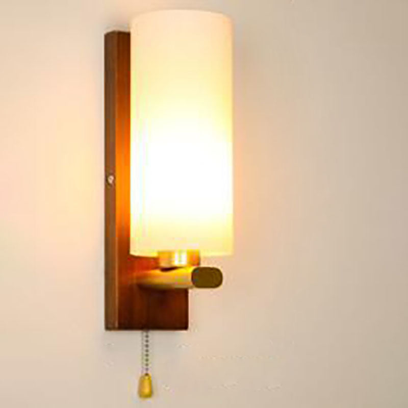 Transitional Cylinder Wood Glass 1-Light Wall Sconce Lamp