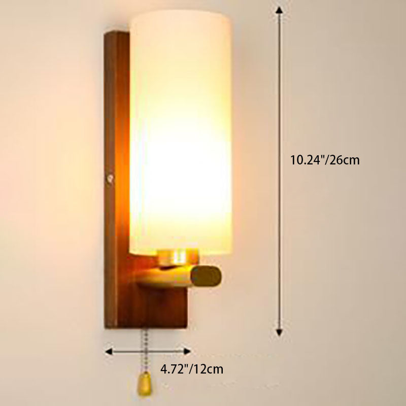 Transitional Cylinder Wood Glass 1-Light Wall Sconce Lamp