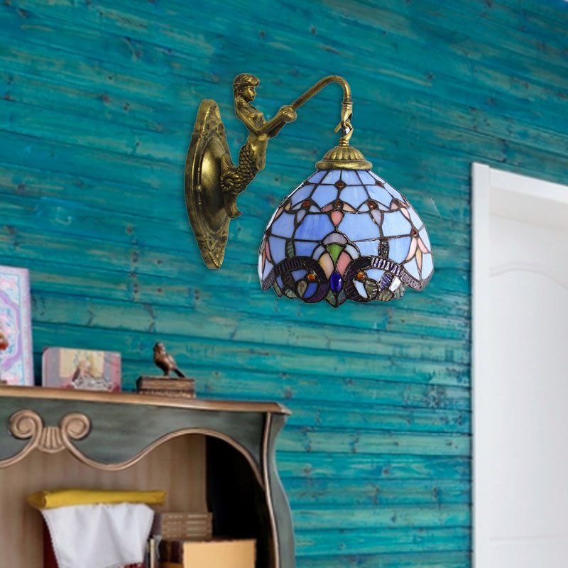 Tiffany Mermaid Base Iron Glass 1-Light Wall Sconce Lamp